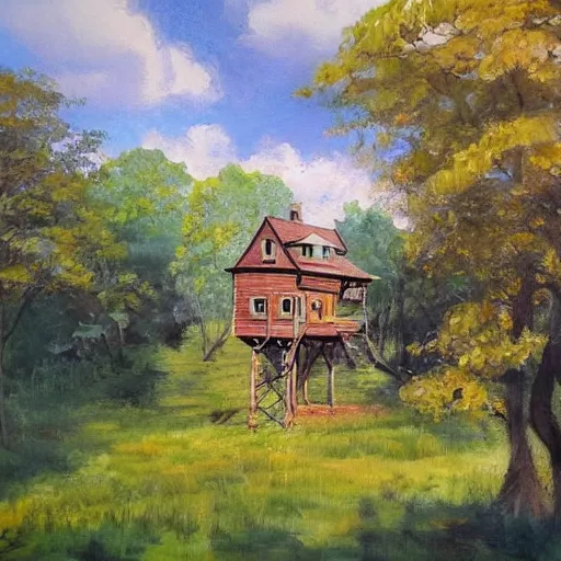 Image similar to treehouse in the countryside on a sunny day, peaceful, dreamy, brush strokes, oil painting