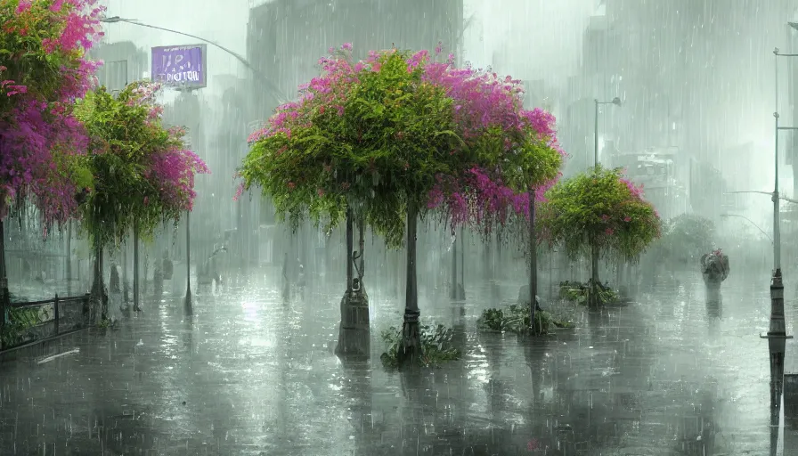 Prompt: city full of flowers, plant and trees, during heavy rain, artstation