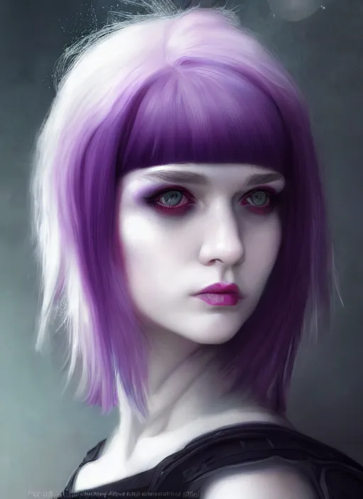 Image similar to portrait of white teenage girl, normal face, white bangs, mall goth, cyberlox, black and white hair, bangs, fluffy bangs, red contact lenses, purple lipstick, intricate, elegant, highly detailed, digital painting, artstation, concept art, sharp focus, smooth, illustration, art by wlop, mars ravelo and greg rutkowski