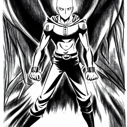 Image similar to highly detailed drawing of Saitama from One Punch Man, drawn in the style of Kentaro Miura, 4k, maximalist
