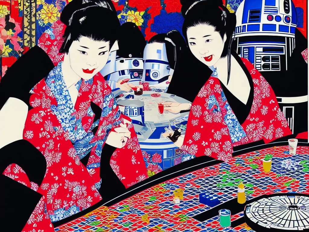 Image similar to hyperrealistic composition of the detailed woman in a japanese kimono sitting at a poker table with detailed darth vader and r 2 d 2, fireworks, mount fuji on the background, pop - art style, jacky tsai style, andy warhol style, acrylic on canvas