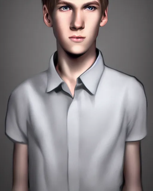 Image similar to portrait of 1 5 - year - old boy, a tall, slender boy with a pale, pointed face, sleek blond hair, and ice grey eyes, wearing in shirt, hyper realistic face, beautiful eyes, character art, art by mark brooks, hyperdetailed, cryengine, trending on artstation, digital art