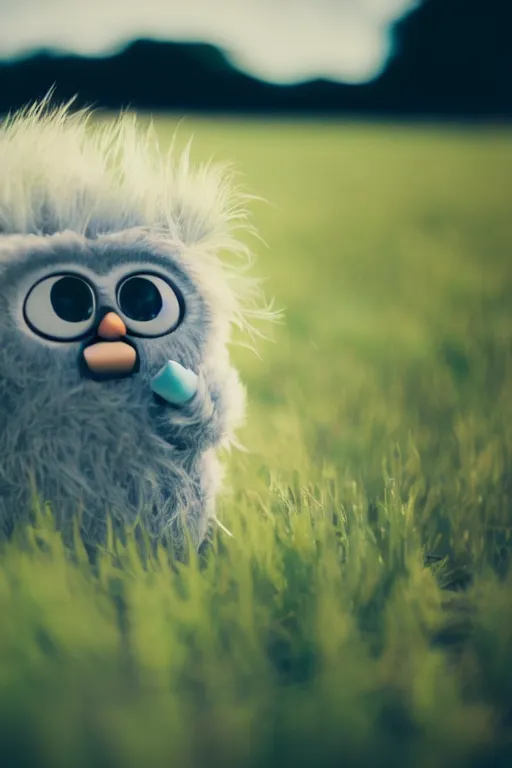 Image similar to agfa vista 4 0 0 photograph of a furby in a field, lens flare, moody lighting, moody vibe, telephoto, 9 0 s vibe, blurry background, grain, tranquil, calm, faded!,