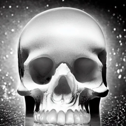 Prompt: A photograph of a crystal skull. Film Noir. High Contrast. Black and White.