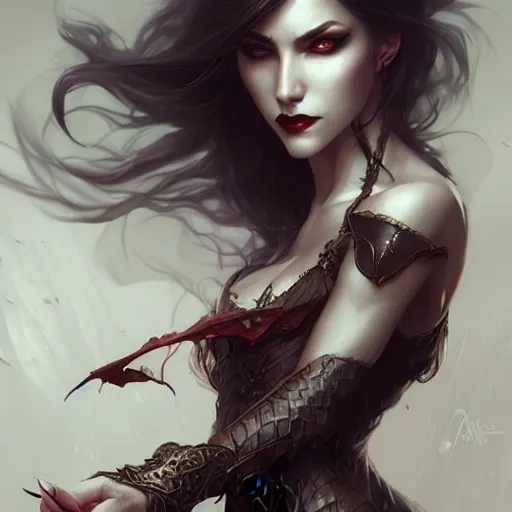 Image similar to desirable Vampire woman, fantasy, intricate, elegant, highly detailed, digital painting, artstation, concept art, matte, sharp focus, illustration, art by artgerm and Greg Rutkowski, dreadjim, zeen chin