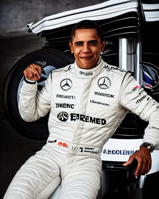 Image similar to a portrait of a mercedes f 1 driver in a white overall with the face of barack obama, outdoor, professional portrait photography, ambient light