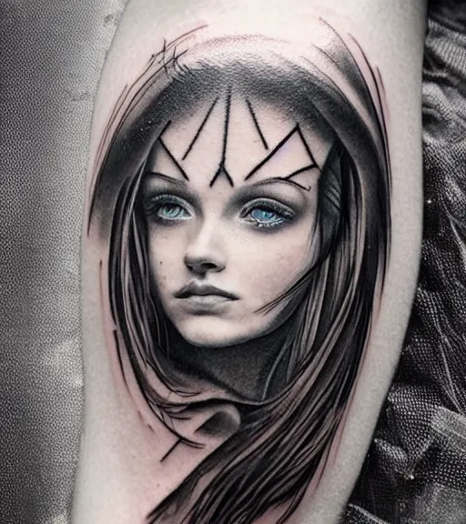 Image similar to tattoo design sketch of a beautiful blue - eyed woman face with a faded background of beautiful mountains and nature on her side, hyper - realistic, in the style of den yakovlev, amazing detail, black and white