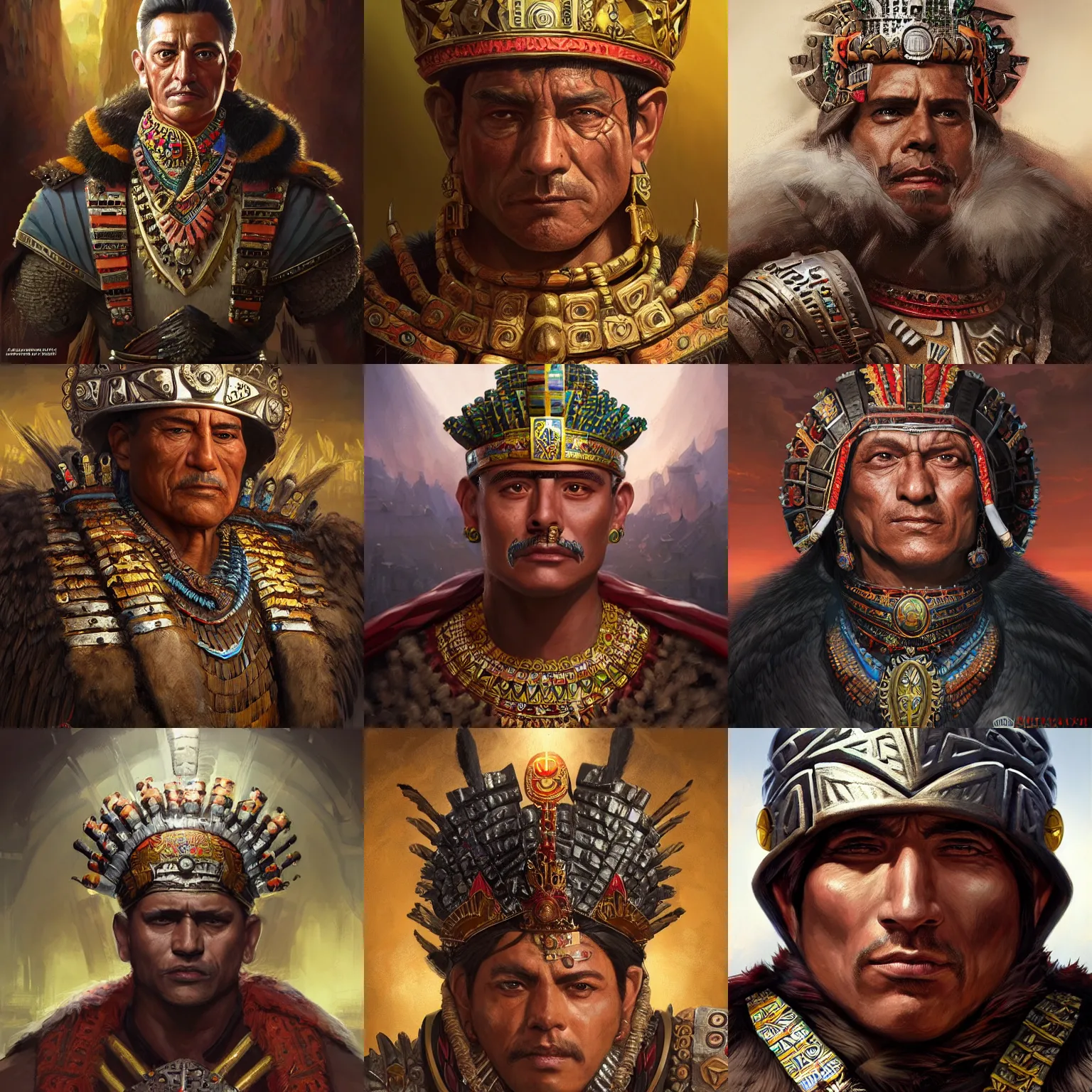 Prompt: aztec emperor, tenoch huerta, D&D, fantasy, portrait, highly detailed, digital painting, trending on artstation, concept art, sharp focus, illustration, art by artgerm and greg rutkowski and magali villeneuve