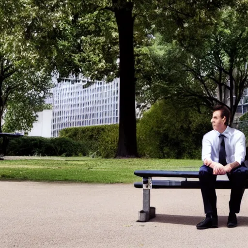 Prompt: A businessman is sitting on a bench eating lunch in a park. A tall ladder lurks menacingly behind him. A tall ladder lurks menacingly behind him. , shadows, realistic, 4k