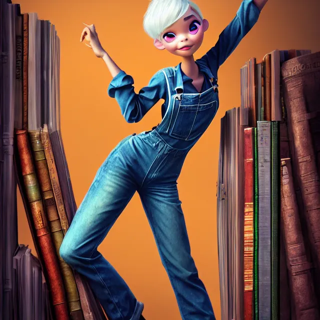 Image similar to full body pose, beautiful adult fairy, pixar, short white hair shaved sides, dirty, grungy, grunge, long sleeve, painted overalls, stacks of giant books, highly detailed, 4 k, hdr, smooth, sharp focus, high resolution, award - winning photo, artgerm, photorealistic