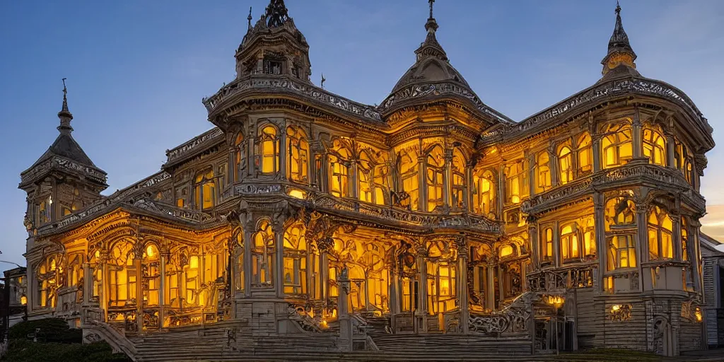 Image similar to extremely detailed ornate stunning sophisticated beautiful elegant victorian museum exterior by Henry Young Darracott Scott and Francis Fowke, stunning volumetric light, stainless steal, concrete, translucent material, beautiful sunset, tail lights