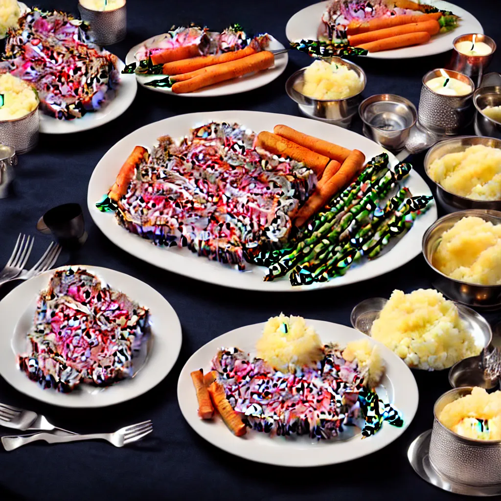 Prompt: product shot of a dinner with prime rib, asparagus, mashed potatoes and gravy, and steamed carrots with blue table cloth and lit candles in ornate silver candlesticks, ultra - realistic, photo realism, professional photograph, extreme detail, deep focus, laser sharp, volumetric lighting, atmospheric, luxury, elite