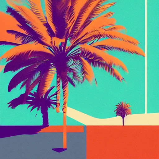 Image similar to a beautiful two color illustration of palm springs by James gilleard, green, orange, artstation HD, geometric lines, HD, 4k, 8k