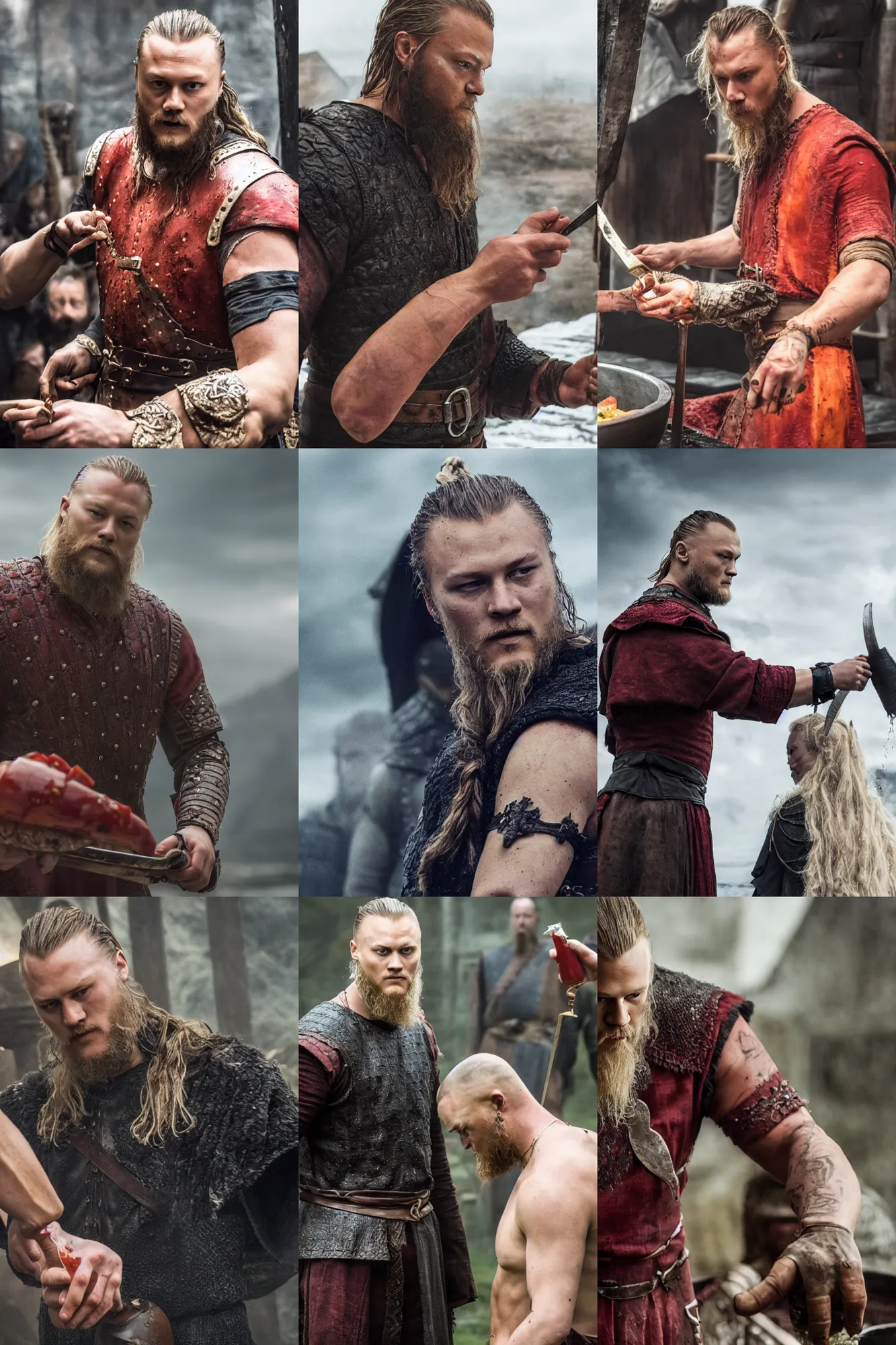 Prompt: Pouring marinara sauce on ragnar lothbrok