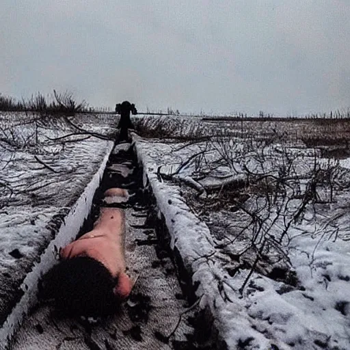Image similar to last selfie of last alive ukrainian very damaged body to bones running from nuclear explosion, dead bodies on the ground, black snow, 2 0 2 2