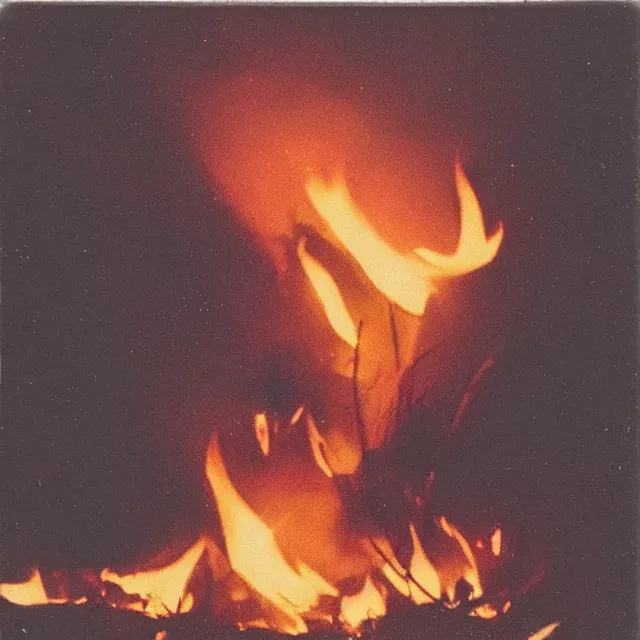 Image similar to field of cannabis burning on fire at night, forest fire, polaroid