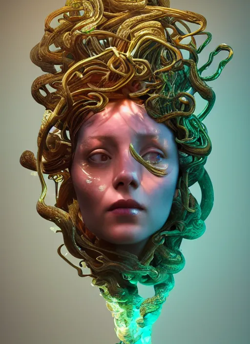 Image similar to subsurface scattering, medusa made of soft wax, cgsociety, translucent, wooden art nouveau swirls, organic fractals, colored smoke, gold cables, electricity, in the style of ruan jia and beeple and giger, mystical colors, back light, rim light, dramatic lighting, 8 k, stunning scene, raytracing, octane render