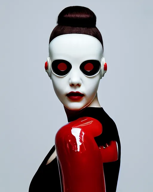 Image similar to symmetrical portrait of a woman wearing a red embroidered translucent silicone mask and white frizzy hair buns, wearing a black bodysuit by alexander mcqueen, cream white background, soft diffused light, biotechnology, humanoide robot, futuristic aesthetic, translucent, ethereal, intricate details, highly detailed, masterpiece,