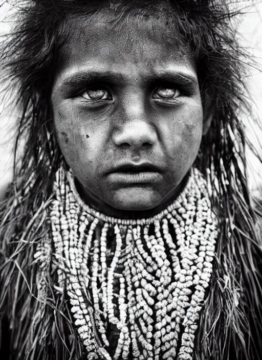 Image similar to Award winning Editorial photo of a Native Nauruans with incredible hair and beautiful hyper-detailed eyes wearing traditional garb by Lee Jeffries, 85mm ND 5, perfect lighting, gelatin silver process