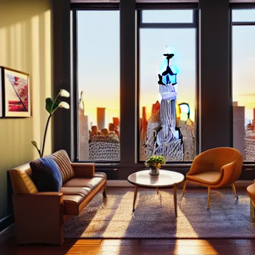 Image similar to Interior of a New York City apartment during golden hour, realistic