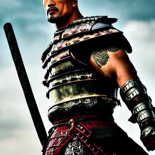 Prompt: asian dwayne johnson as a noble samurai paladin in shining armor, intricate fractal armor, cinematic, studio photography, high detail, ultra high detail, 4 k, hdr, 8 k