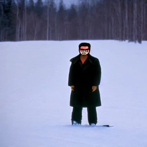 Prompt: movie still of Kim Jong-il wearing a ski mask in the role of Jason Voorhees from Friday the 13th, Cooke Varotal 20-100mm T3.1