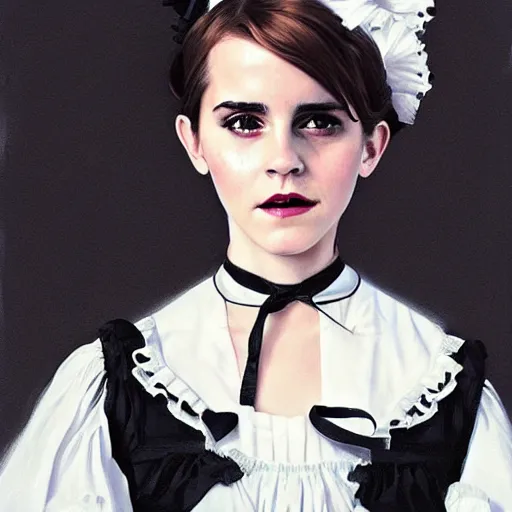 Image similar to highly detailed painting of emma watson wearing a black cat lolita maid dress, 8 k, by greg rutkowski, artgerm, loish, rhads, global illumination