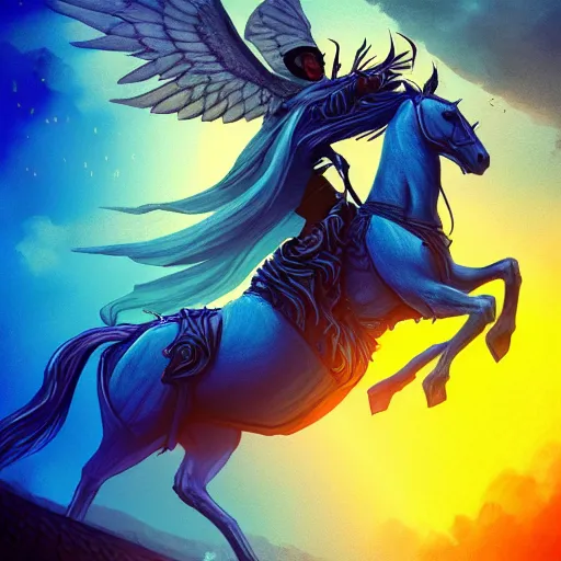 Image similar to headless horseman without head on top of horse with wings, colorful of blue color concept art, trending on artstation, highly detailed, intricate, sharp focus, digital art, 8 k