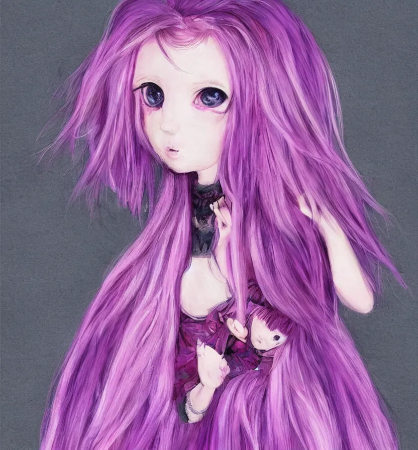 Image similar to little girl with eccentric pink hair wearing a dress made of purple fur, anatomically perfect, art by dcwj,