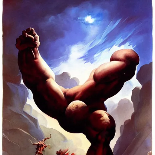 Prompt: painting of a giant cyclops staring down, cloudy sky, dynamic composition, low angle, harmonious colors, lights and shadows, frank frazetta