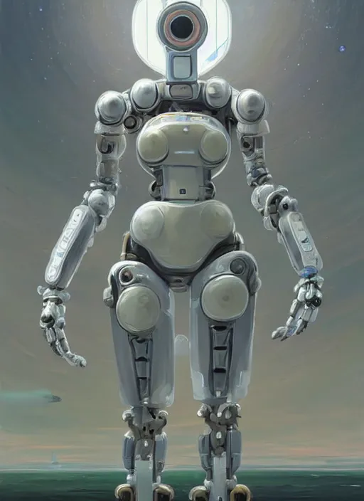 Prompt: an intricate oil painting of a giant pristine white humanoid curvy feminine figure bubble mech with rounded components by simon stalenhag, inspired by nier : automata, clean white lab background