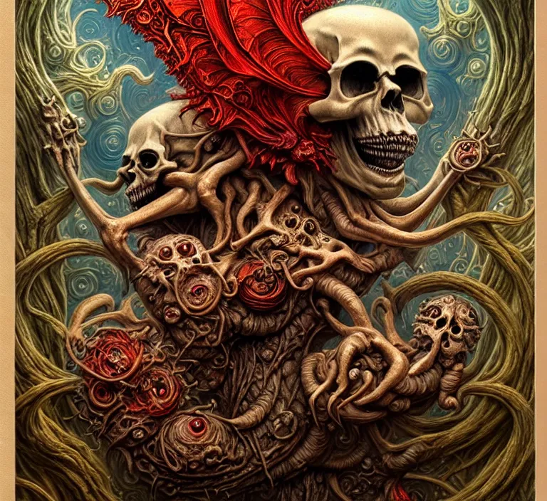 Image similar to A beautiful detailed grotesque monster super cute tarot card, by tomasz alen kopera and Justin Gerard, symmetrical features, ominous, magical realism, texture, intricate, ornate, royally decorated, skull, skeleton, whirling smoke, embers, red adornements, red torn fabric, radiant colors, fantasy, trending on artstation, volumetric lighting, micro details, 3d sculpture, ray tracing, 8k, anaglyph effect, digital art