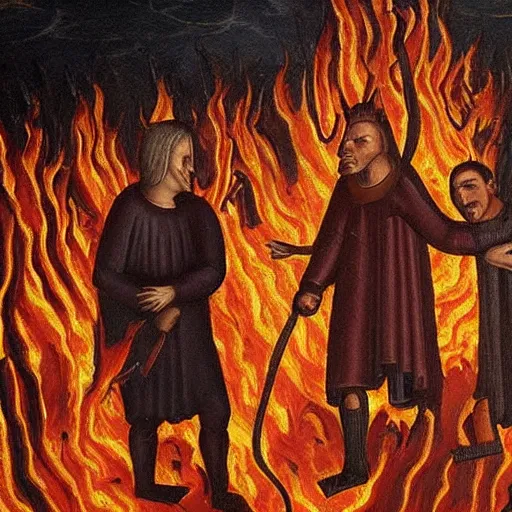 Prompt: nathan fielder walking around hell!!!!!!! dante's inferno!!! medieval painting, oil painting