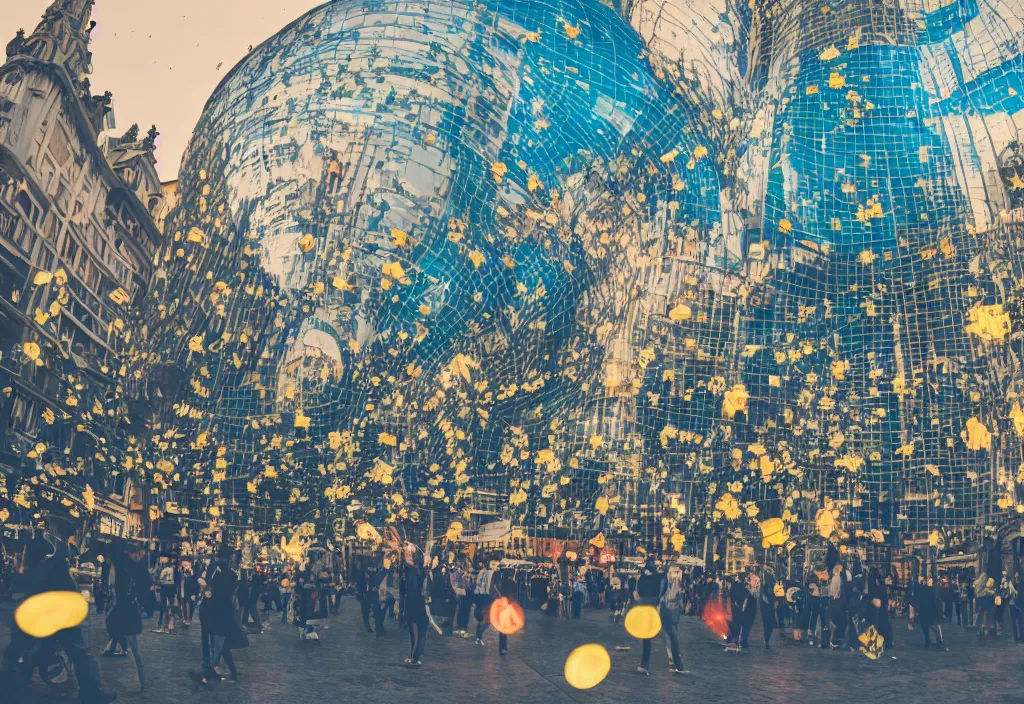 Image similar to 3 d 🐝 popping out of curved screen, town square, volumetric lighting, bokeh, creterion collection, shot on 7 0 mm, instax