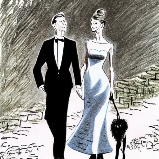 Prompt: illustration of Hubert de givenchy and Audrey Hepburn talking a walk highly detailed, cinematic