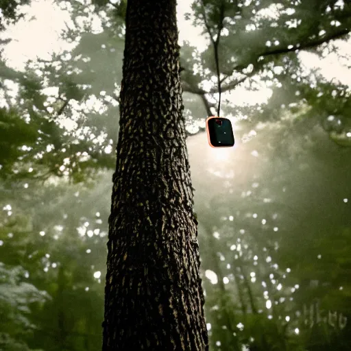 Image similar to A phone glowing and floating in a tree, 35mm photograph