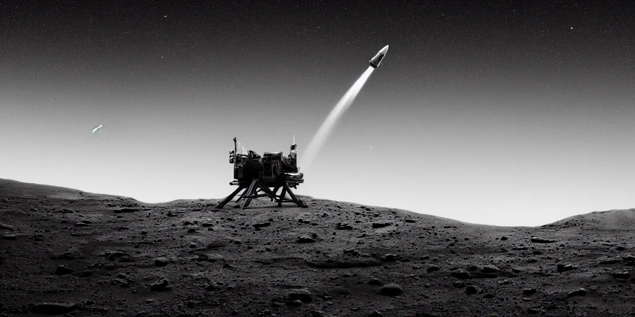 Image similar to 1 7 mm, black and white photo of a rocket landing on mars, black background with stars, cinematic film still, high contrast, astrophotography, 4 k