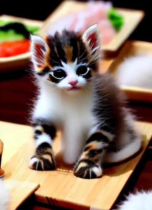 Image similar to clear photorealistic picture of adorable kittens made out of sushi