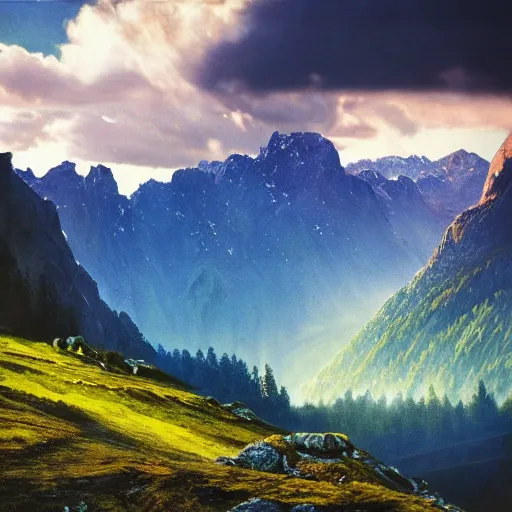 Image similar to wonderful narrow alpine mountain valley, swiss, soft dynamic clouds, astral appearance, cinematic light, sublime, colorful, light shafts, dramatic light, by august malmstrom, blake, best russian painters,, disney, global illumination, rule of thirds, perfect central composition