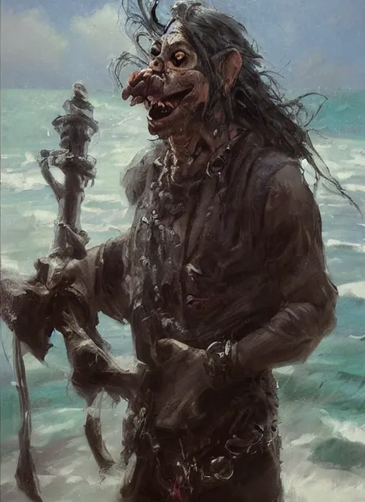Image similar to portrait of a goblin pirate, gritty, fantasy character portrait, ocean background, artwork by Jeremy Lipkin and Giuseppe Dangelico Pino and Michael Garmash and Rob Rey, very coherent asymmetrical artwork, sharp edges, perfect face, simple form, 100mm