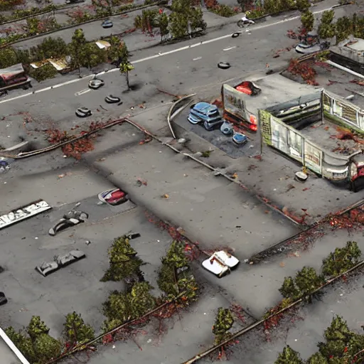 Image similar to top down aerial view of dilapidated gas - station with supermarket and shopping street in real life, desolate with zombies, dilapidated, zombies in the streets, nightmarish, some rusted style parked vehicles, sunny weather, few clouds, volumetric lighting, photorealistic, daytime, autumn, sharp focus, ultra detailed, cgsociety