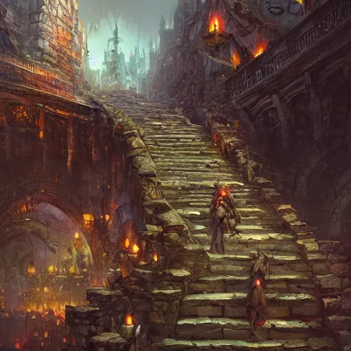 Prompt: the steps of a a crumbling stone temple in the middle of a bustling city, huge crowd on the street, fantasy, marc simonetti, anato finnstark, randy vargas, diego gisbert llorens, bayard wu, fantasy concept art, trending on artstation, 4k