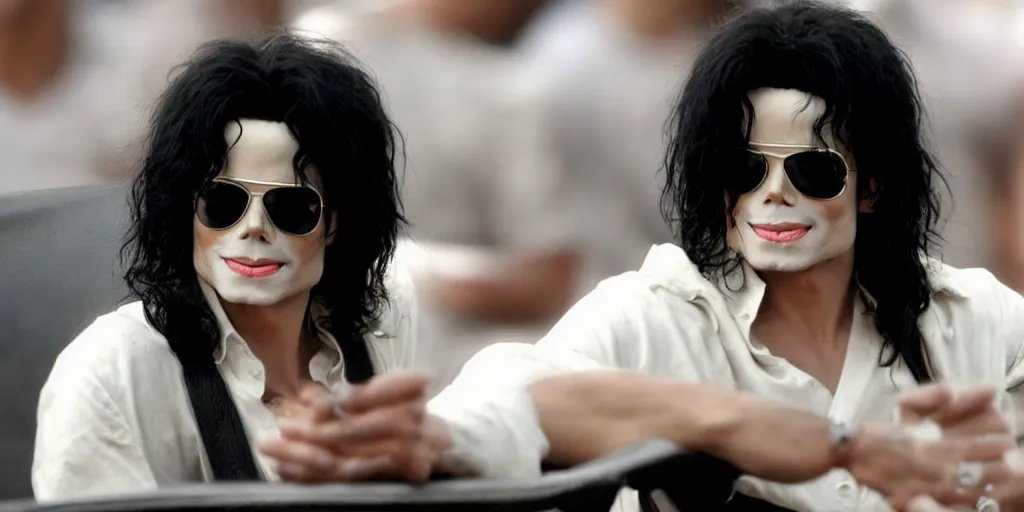 Prompt: michael jackson 2 0 0 9 exact face wearing shades, alone, this is it style, photo real, skin, motion blur, sitting in a chair, by himself, real life, spotted, leaked, ultra realistic face, accurate, 4 k, movie still, uhd, sharp, detailed, cinematic, render, modern