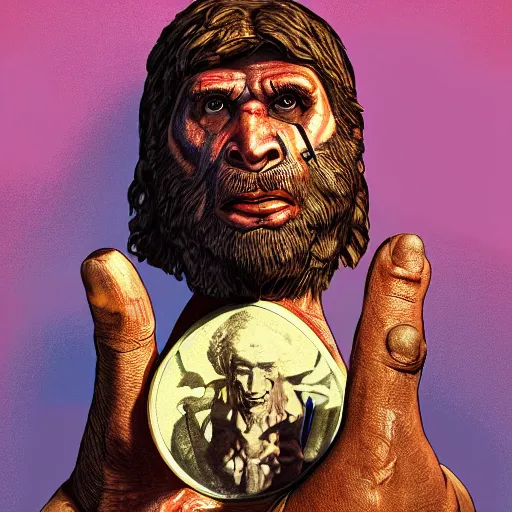 Prompt: saint homo neanderthalis, portrait, with book of science on his right hand, and riffle, violet polsangi pop art, gta chinatown wars art style, bioshock infinite art style, incrinate, realistic anatomy, hyperrealistic, two colors, white frame border, 4 k, uhd, remove duplicate content, left align content