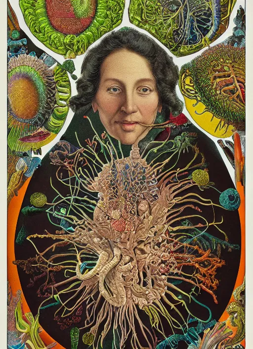 Image similar to a portrait of a school teacher in full colour, in the style of Ernst Haeckel,