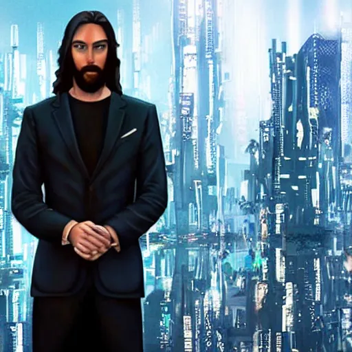 Prompt: Jesus in black suit. Cyberpunk city in the background
