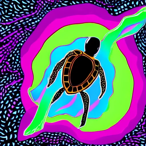 Image similar to turtle fusing with a psychedelic black hole in space, style like spiderverse movie, colorful, hard edges, black outlines