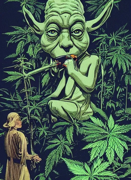 Prompt: vintage tourism poster for dagobah, depicting stoned yoda using force powers to smoke a blunt, surrounded by cannabis plants,