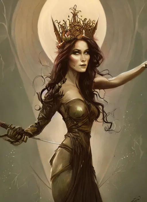 Image similar to tarot!!, fairy queen, fantasy medieval, no noise, elegant, concept art, sharp focus, beautiful face!!, digital art, smooth defined outlines!!, by Brom, trending on Artstation, Tom Bagshaw, Sargent