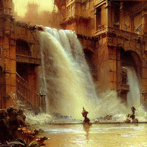 Image similar to waterfall flooding an entire city. victorian age. highly detailed painting by gaston bussiere, craig mullins, j. c. leyendecker